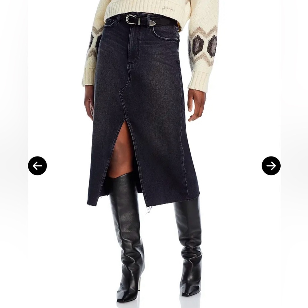 PAIGE Black High-Waist Denim Midi Skirt with Front Slit